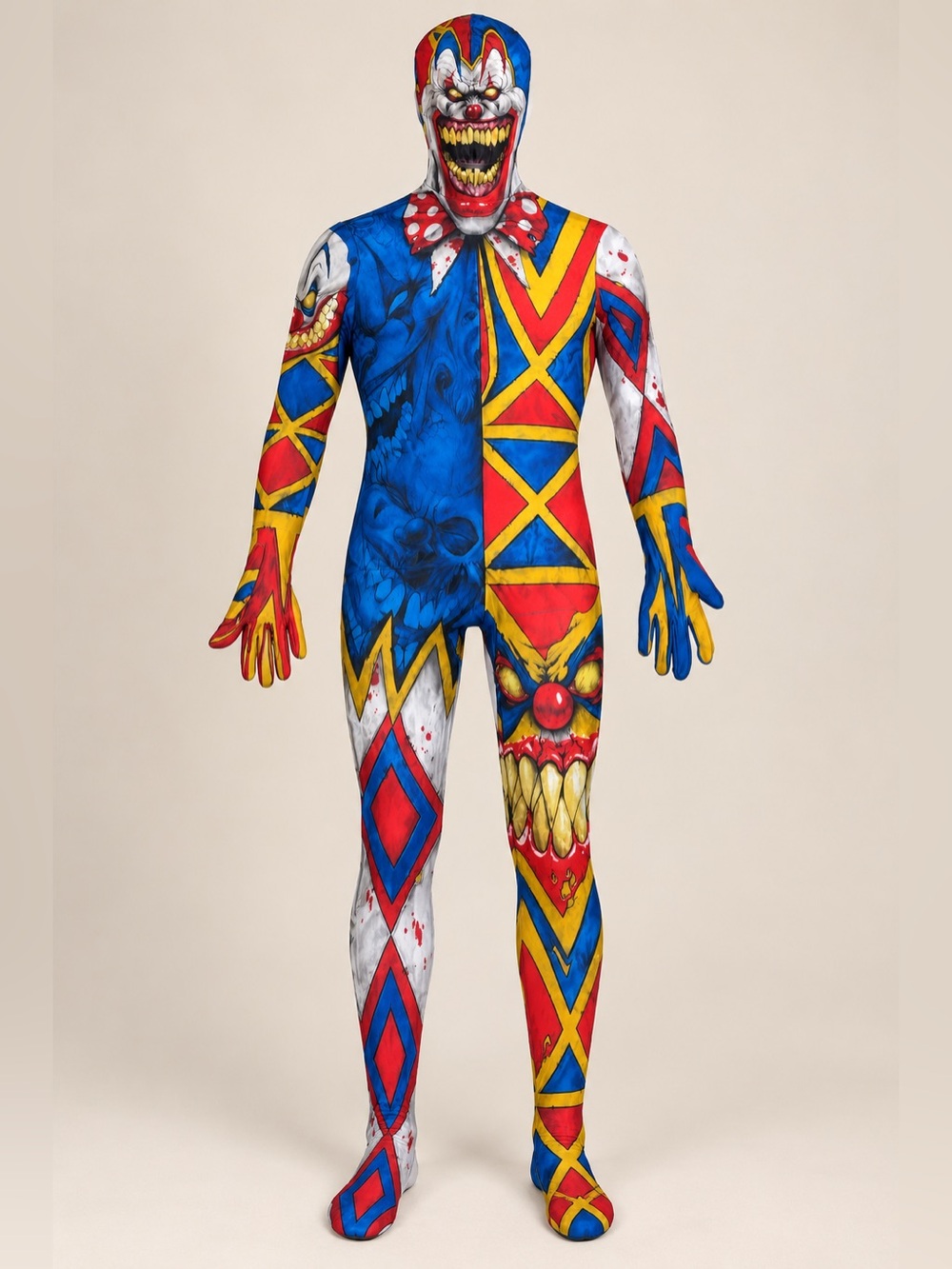 Men's Scary Clown Full-Body Halloween Costume - Blue/Red/Yellow